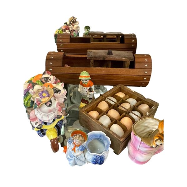 Fitz & Floyd Cookie Jar, Small Wood Plant Pot, & Figurines