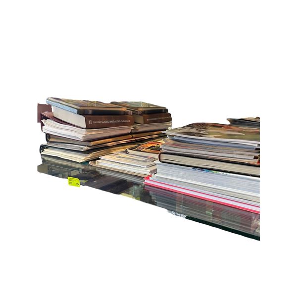 Shelf Lot of Stamps, Stamp Catalogues, Sports Magazines and Hard Cover Books