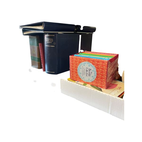 Shelf Lot of Stamps, Stamp Albums, and Novels