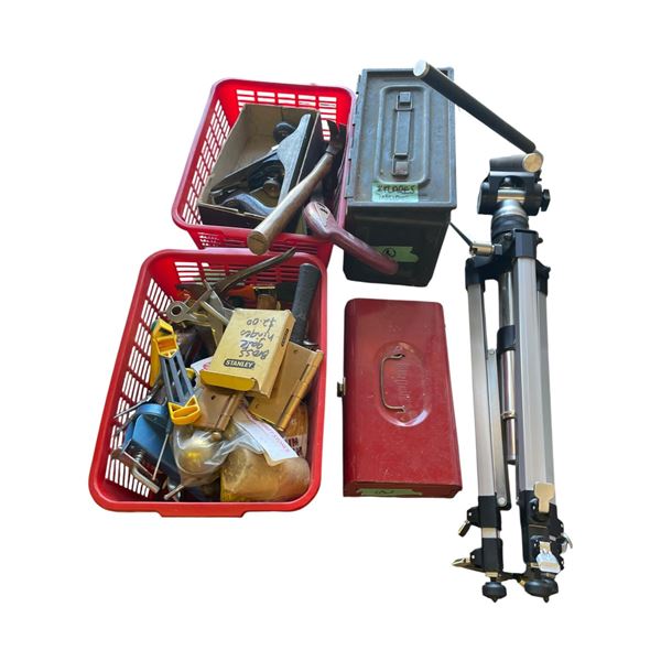 Shelf Lot of Camera Tripod & Handyman Goods