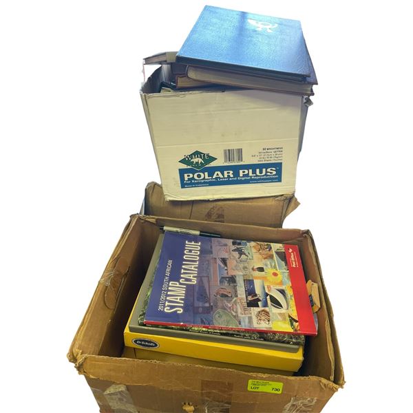 3 Boxes of Stamp Albums, Stamps, and Stamp Catalogues