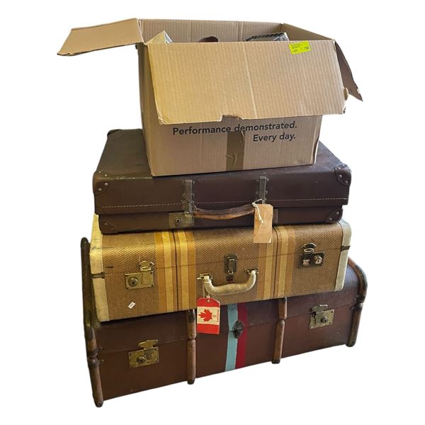 Large Quantity of Assorted Women's Shoes in 3 Large Vintage Suitcases and 1 Box