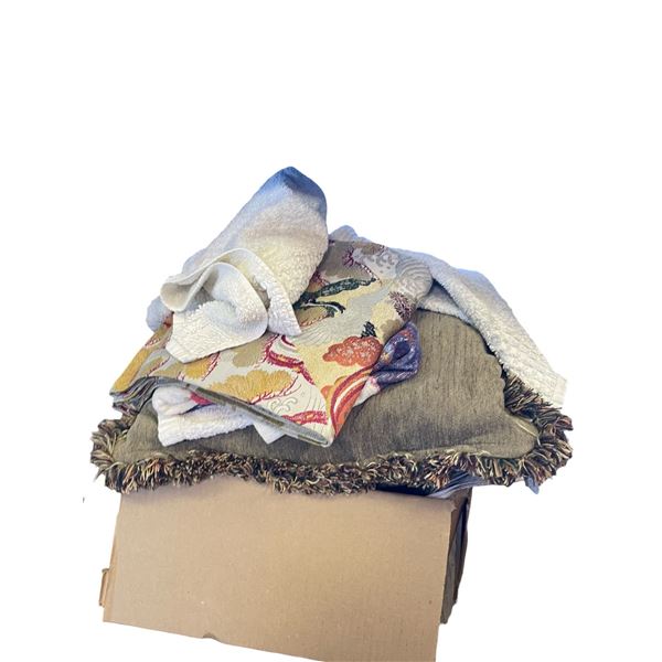 Box of Textiles, Throw Pillow and More