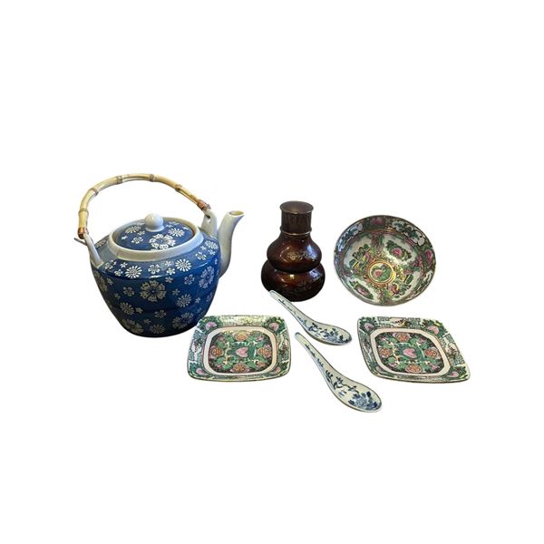 Large China Tea Pot, Dishes, and 6" Enameled Metal Container