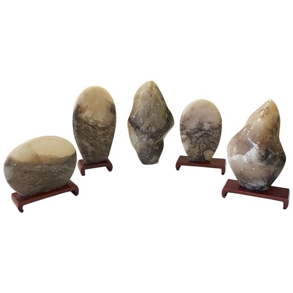 5 Polished Picture Stones on Wood Mounts (Tallest is 6")