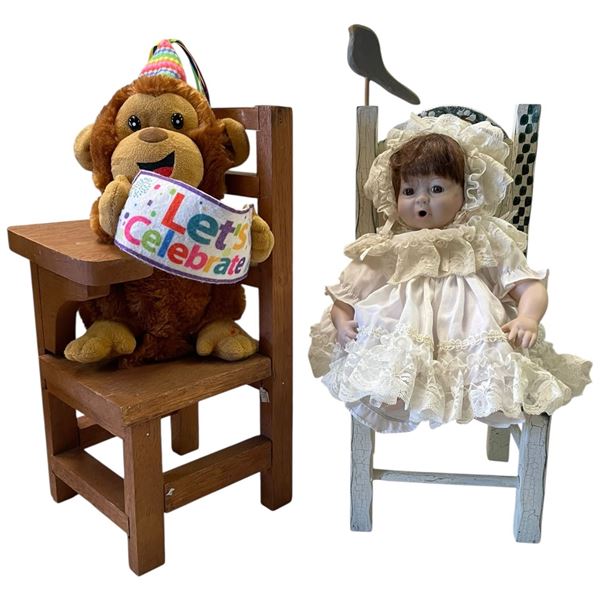 2 Wood Doll Chairs with Doll and Party Bear