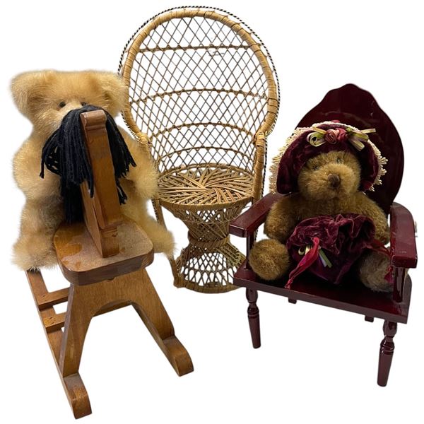2 Doll Chairs & Doll Rocking Horse with Bears