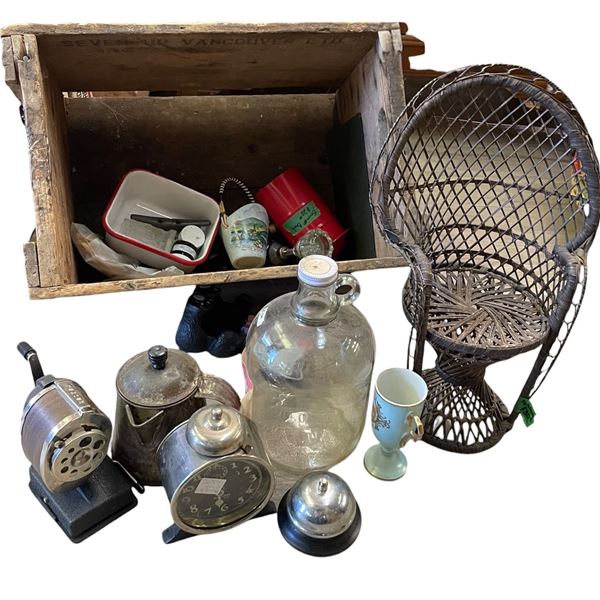 Wood Crate of Small Collectibles (Clocks, Jug, Doll Chair and More)