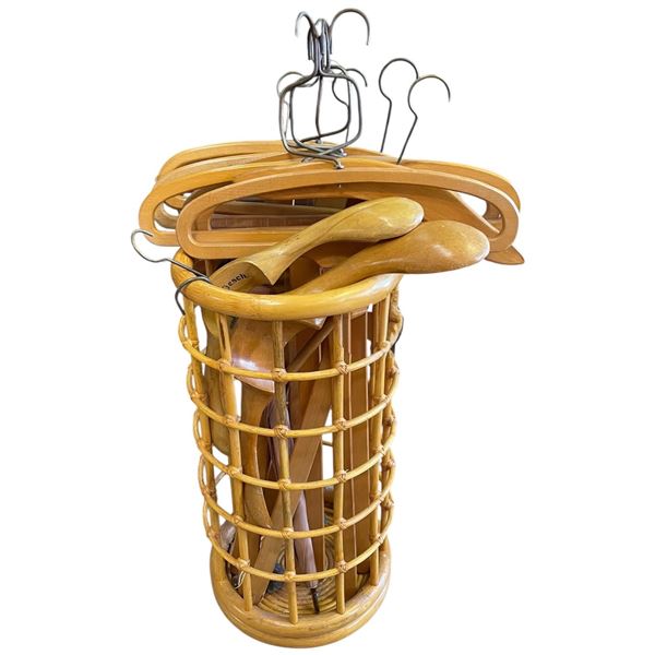 Bamboo Umbrella Holder Full of Wood Hangers and Wood Retail Hangers with Long Handles