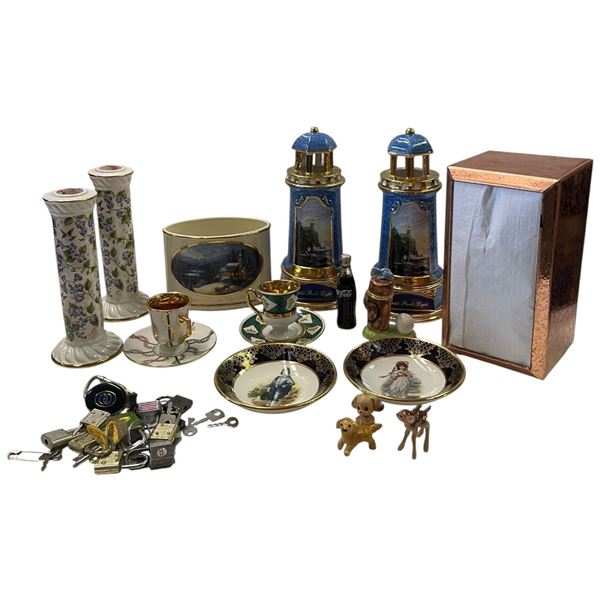 Group of China Collectibles, Metal Serviette Dispenser & Many Tiny Locks