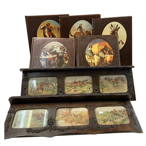 2 Vintage Petite Shelves with Hunting Scenes & 5 "The Old West" Books (Shelves Are 2" X 20" X 6.5" T