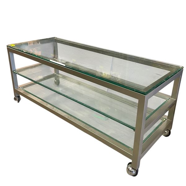 Glass Coffee Table on Casters with Metal Frame * 3-Tiers (18" X 46" X 20" Tall)