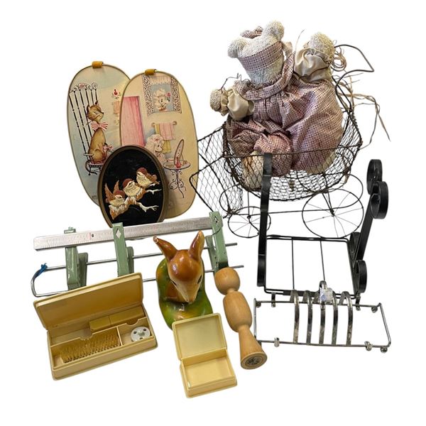 Group of Collectible Items * Vintage Grooming Set, Silver Plated Toast Rack, Pictures and more