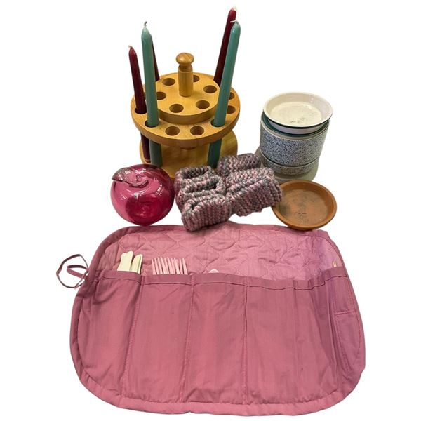 Flatware Roll, Red Glass Apple, Pipe Rack with Candles and More