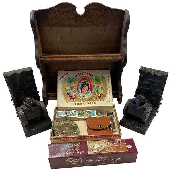 Group of Cannon Bookends,  Cigarette Cards, Meter, Cigar Box and More