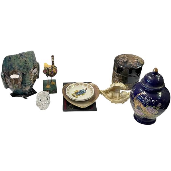 Lacquered Mask with Abalone Detail, Wood Goose Statuette, and Assorted Decorative Items