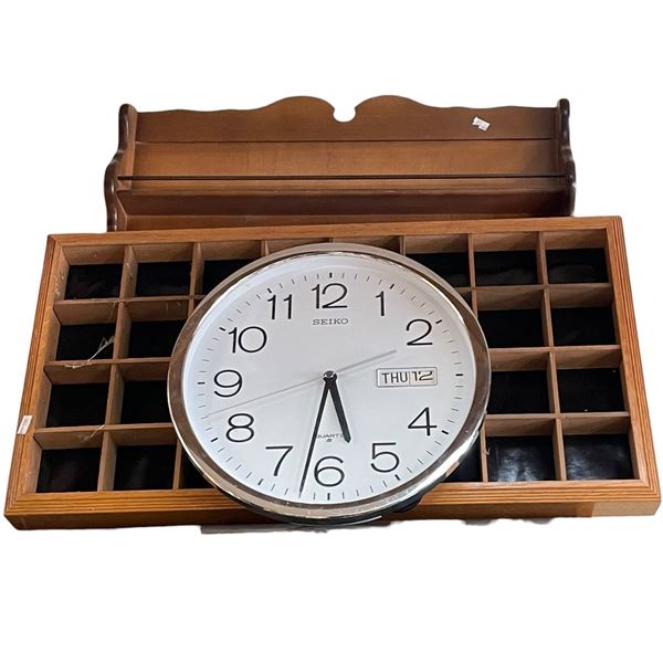 Seiko Date/Time Wall Clock, Wood Curio Tray and Wood Curio Shelf