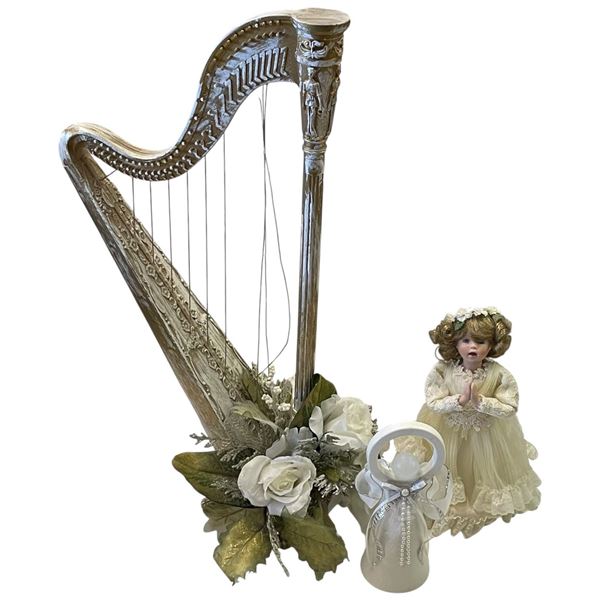 24" Tall Harp Decoration and 2 Angel Figurines