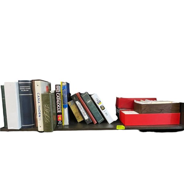 Shelf Lot of Stamps, Stamp Books and Stamp Catalogues