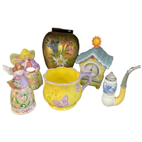 Large Hand Painted Cow Bell, Avon Pipe, Musical Ceramic Clock and more