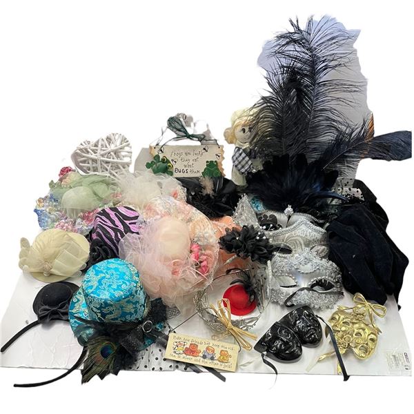 Shelf Lot of Mardis Gras Masks, Tiara, and Doll Hats