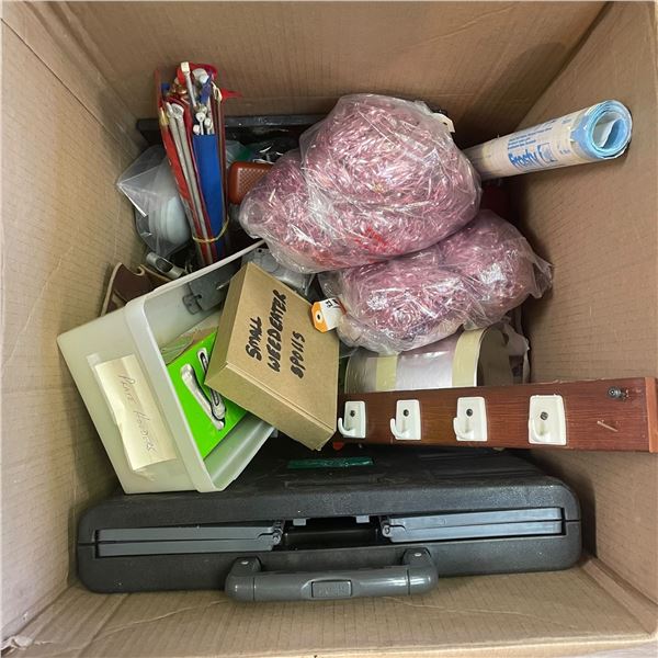 Box Lot of Knitting Needles, Folding Rolling Crate, Tools and More