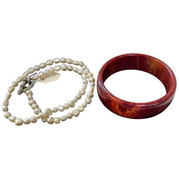 18" Potato Pearl Necklace & Bakelite Bangle Bracelet (largest pearl is 7mm)