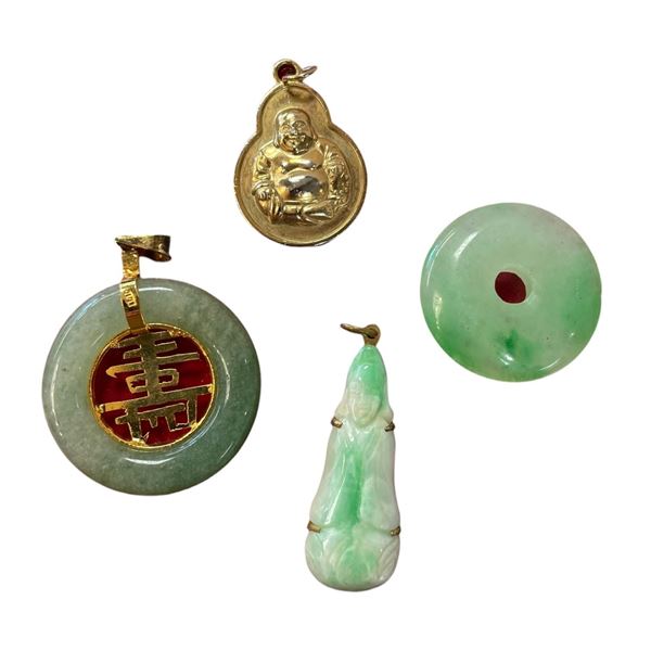 Gold Plated Buddha Pendant and 3 Jade Pendants