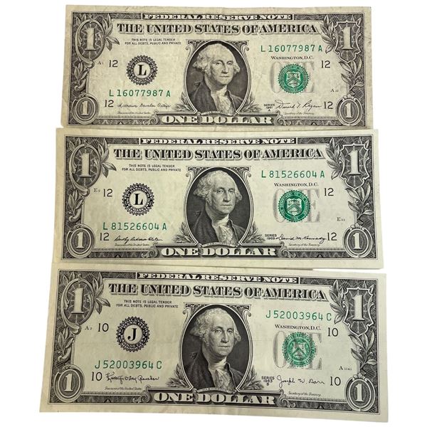 3 US $1 Banknotes * Series 1963 B, 1969, and 1981 A * Circulated but 2 are still crisp