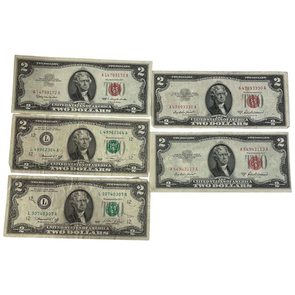 5 US $2 Banknotes * 2 x 1953 A Series Red Seal * 2 x 1976 * 1 x 1963 Red Seal * Circulated