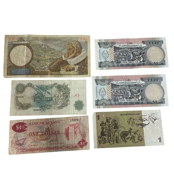6 World Currency Banknotes * 1940 French 100 Francs, British C Series 1 Pound, 2 x Fiji $1, Australi