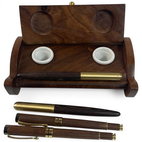 7" Wood Inkwell with 4 Calligraphy Pens