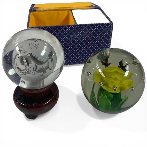 2 Art Glass Paperweights Largest is 3.5" Diameter
