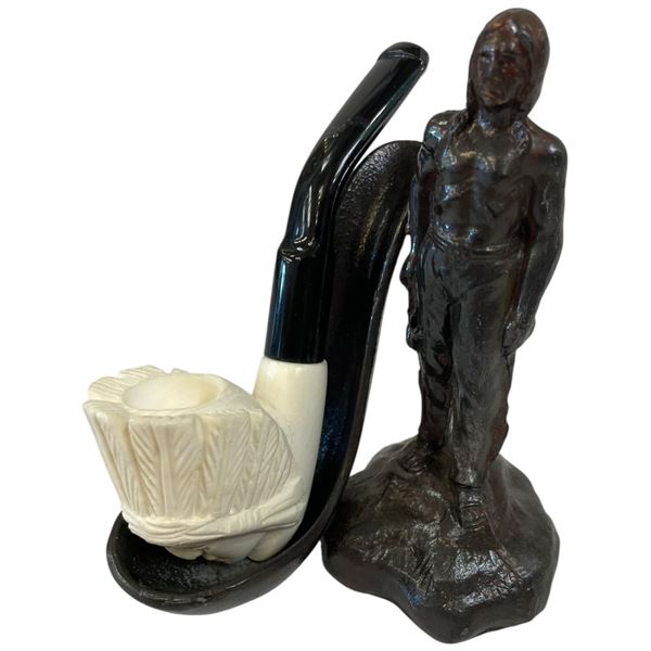 Cast Metal Figural Native Pipe Holder with Chief's Head Pipe
