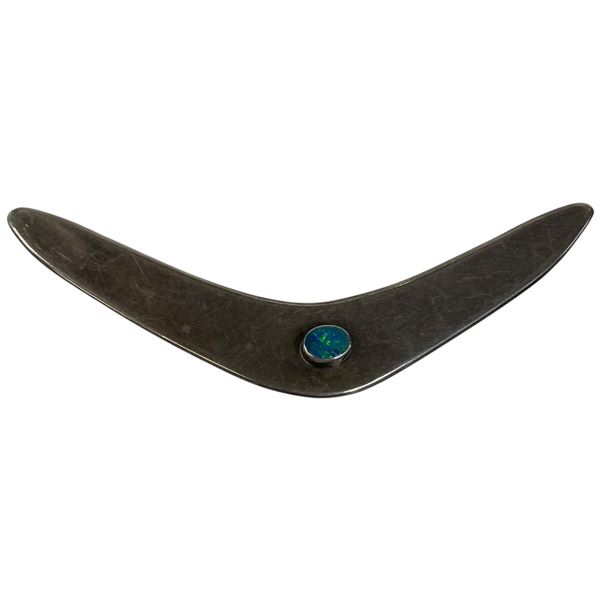 Prouds Sterling Silver 5"  Boomerang with Blue Fire Opal Gemstone (Total weight: 20 grams)