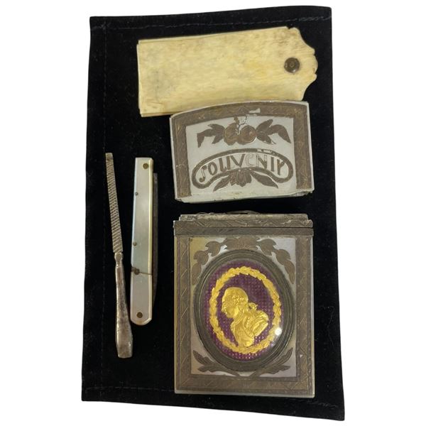 Victorian Souvenir Mother of Pearl Box with Nail File & Tiny Knife (box measures 0.5" x 0.5 x3.5"tal