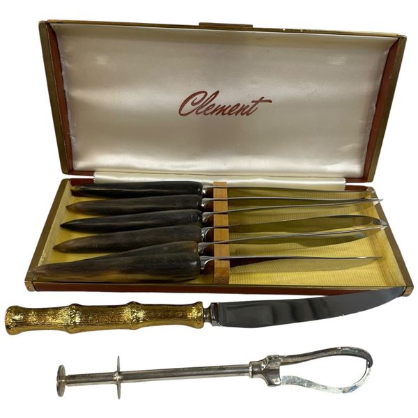Vintage Clement Steak Knife Set, Gold Tone Handled Knife, & Silver Plated Ice Tongs