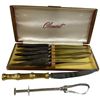 Image 1 : Vintage Clement Steak Knife Set, Gold Tone Handled Knife, & Silver Plated Ice Tongs