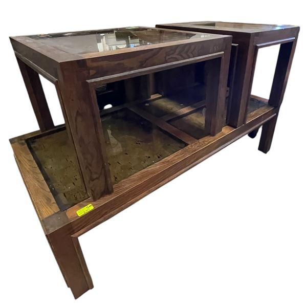 3 Piece Wood Coffee Table Set with Smoke Glass Inserts