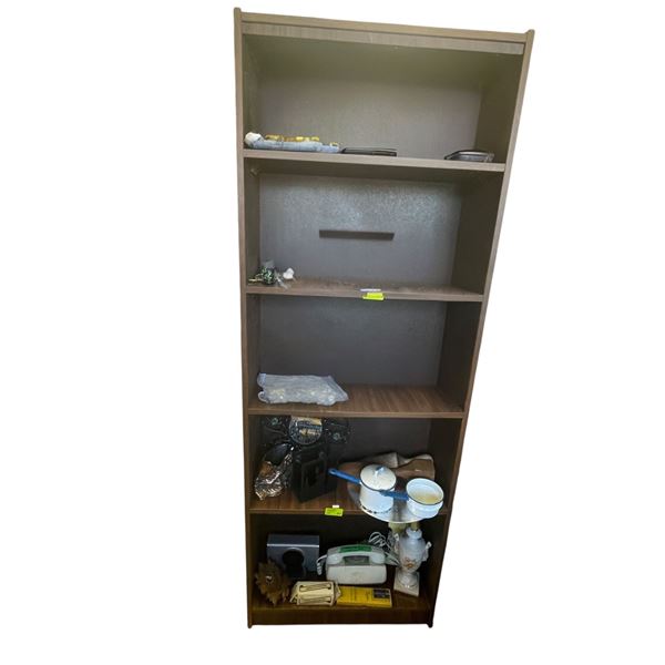 Book Shelf with 2 Shelves of Vintage Kitchenware & Mini Cuckoo Clock (Shelf is 9" x 24" x 66" tall)