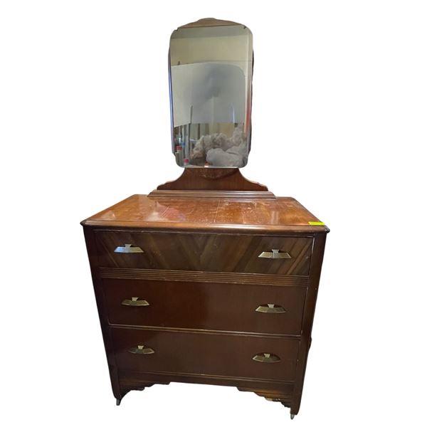 Vintage Waterfall Veneer Dresser with Mirror on Casters * 18" x 34" x 34" tall (measured without the