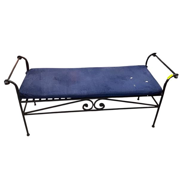 Wrought Iron Scroll Arm Bench with Navy Bench Pad (48" long)
