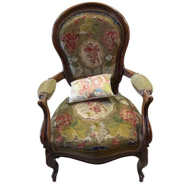 Victorian Solid Wood Arm Chair with Tapestry Upholstery