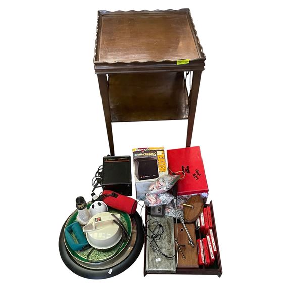 Lovely Wood Tapered Leg End Table with Assorted Home Goods (Mirror, kettle, heater, golf tees and mo