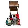 Image 1 : Lovely Wood Tapered Leg End Table with Assorted Home Goods (Mirror, kettle, heater, golf tees and mo