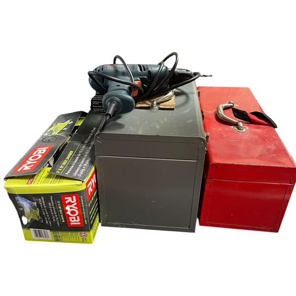 2 Toolboxes with Tools, Ryobi Belt Sander, Flotec Sump Pump and Black and Deck Drill