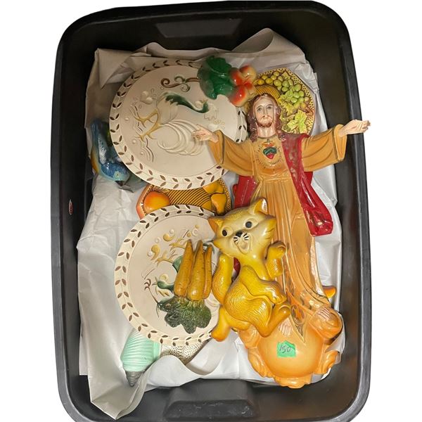 Bin of Vintage Chalkware Items Well Packed and Stored