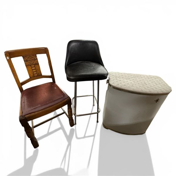 Vintage Black Stool, Carved Oak Chair and Mid Century White Clothes Hamper