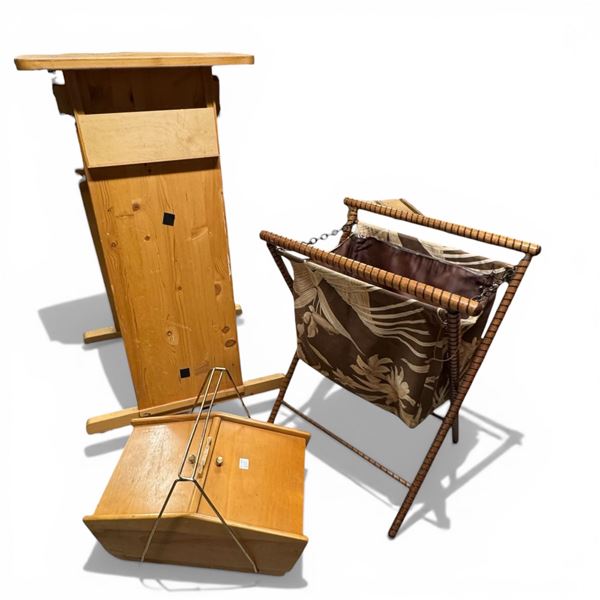 Mid Century Wood Sewing Box, Pine Ballot Box and Folding Hamper