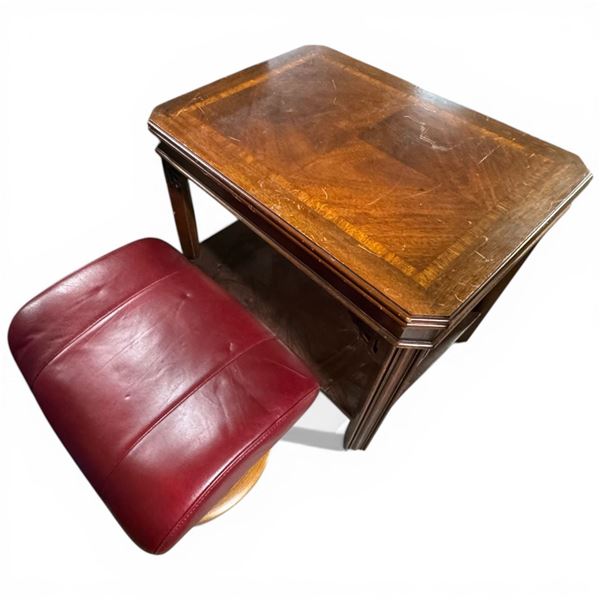 Wood End Table and Red Leather Ottoman Footstool